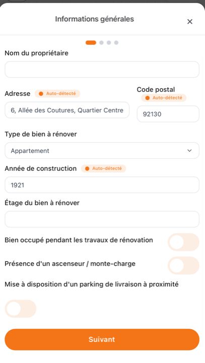 The general information form, with auto-detected fields