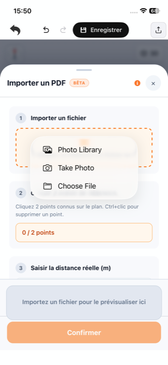 Le choix de la source du document : photothèque, prise de photo ou fichier