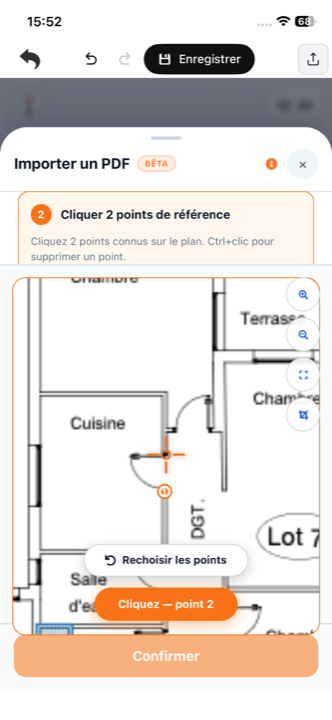 Placement des deux points de référence sur une cote connue du plan