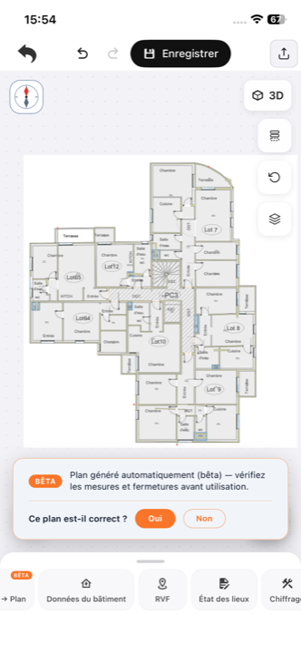 Le plan converti en vue 2D, avec le bandeau bêta et la question « Ce plan est-il correct ? »