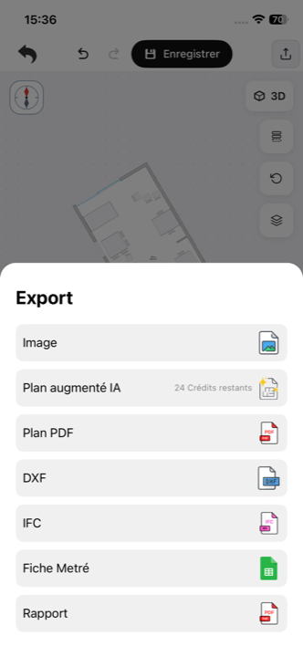 Le menu Export, avec l'option Plan augmenté IA et les crédits restants
